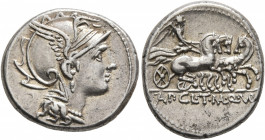 Appius Claudius Pulcher, T. Manlius Mancius and Q. Urbinius, 111-110 BC. Denarius (Silver, 18 mm, 3.89 g, 3 h), Rome. Head of Roma to right, wearing w...