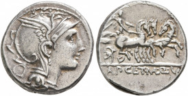 Appius Claudius Pulcher, T. Manlius Mancius and Q. Urbinius, 111-110 BC. Denarius (Silver, 17 mm, 3.90 g, 11 h), Rome. Head of Roma to right, wearing ...