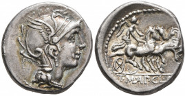 T. Manlius Mancinus, Appius Claudius Pulcher and Q. Urbinus, 111-110 BC. Denarius (Silver, 17 mm, 4.00 g, 6 h), Rome. Head of Roma to right, wearing w...