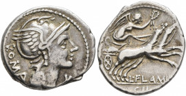 L. Flaminius Chilo, 109-108 BC. Denarius (Silver, 20 mm, 3.81 g, 9 h), Rome. ROMA Head of Roma to right, wearing winged helmet; before, X (mark of val...