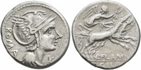 L. Flaminius Chilo, 109-108 BC. Denarius (Silver, 19 mm, 3.87 g, 9 h), Rome. ROMA Head of Roma to right, wearing winged helmet and pendant earring; be...