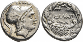 Q. Lutatius Cerco, 109-108 BC. Denarius (Silver, 17 mm, 3.80 g, 1 h), Rome. ROMA / [CERCO] Head of Roma to right, wearing crested helmet decorated wit...