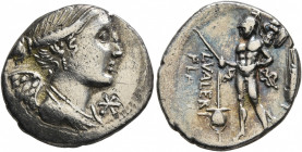 L. Valerius Flaccus, 108-107 BC. Denarius (Silver, 19 mm, 3.60 g, 9 h), Rome. Draped bust of Victory to right; before, ✱. Rev. L•VALERI / FLACCI Mars ...