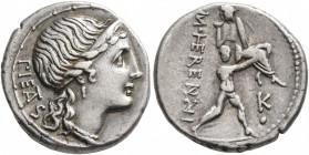 M. Herennius, 108-107 BC. Denarius (Silver, 17 mm, 3.78 g, 9 h), Rome. PIETAS Diademed head of Pietas to right. Rev. M• HE RENNI One of the Catanean b...