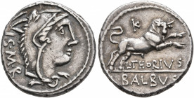 L. Thorius Balbus, 105 BC. Denarius (Silver, 19 mm, 4.05 g, 6 h), Rome. I•S•M•R Head of Juno Sospita to right, wearing goat-skin headdress. Rev. L•THO...