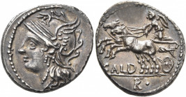 C. Coelius Caldus, 104 BC. Denarius (Silver, 20 mm, 3.92 g, 12 h), Rome. Head of Roma to left, wearing winged helmet and pendant earring. Rev. CALD / ...