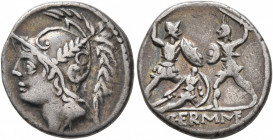 Q. Thermus M.f, 103 BC. Denarius (Silver, 18 mm, 3.80 g, 1 h), Rome. Head of Mars to left, wearing crested helmet decorated with two volutes and a plu...