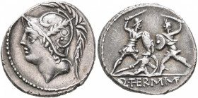 Q. Thermus M.f, 103 BC. Denarius (Silver, 19 mm, 3.90 g, 7 h), Rome. Head of Mars to left, wearing crested helmet decorated with two volutes and a plu...