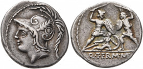 Q. Thermus M.f, 103 BC. Denarius (Silver, 19 mm, 3.86 g, 11 h), Rome. Head of Mars to left, wearing crested helmet decorated with two volutes and a pl...