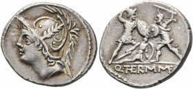 Q. Thermus M.f, 103 BC. Denarius (Silver, 20 mm, 3.92 g, 7 h), Rome. Head of Mars to left, wearing crested helmet decorated with two volutes and a plu...
