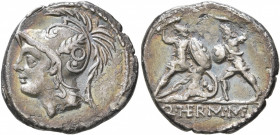 Q. Thermus M.f, 103 BC. Denarius (Silver, 19 mm, 3.56 g, 6 h), Rome. Head of Mars to left, wearing crested helmet decorated with two volutes and a plu...