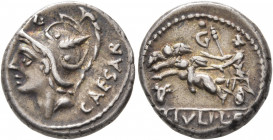 L. Julius L.f. Caesar, 103 BC. Denarius (Silver, 16 mm, 3.93 g, 6 h), Rome. Helmeted head of Mars to left; above, G. Rev. Venus Genetrix driving biga ...