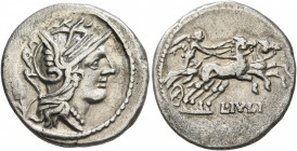 L. Julius, 101 BC. Denarius (Silver, 20 mm, 3.91 g, 8 h), Rome. Head of Roma to right, wearing winged helmet, pendant earring and pearl necklace; behi...