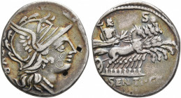 L. Sentius C.f, 101 BC. Denarius (Silver, 20 mm, 4.00 g, 6 h), Rome. AR G•PVB Head of Roma to right, wearing winged helmet, pendant earring and pearl ...