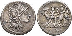 M. Servilius C.f, 100 BC. Denarius (Silver, 21 mm, 3.71 g, 11 h), Rome. Head of Roma to right, wearing crested and winged helmet; behind, ω. Rev. M•SE...