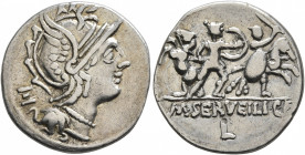 M. Servilius C.f, 100 BC. Denarius (Silver, 20 mm, 3.84 g, 11 h), Rome. Head of Roma to right, wearing crested and winged helmet; behind, M. Rev. M•SE...