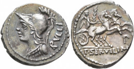 P. Servilius M.f. Rullus, 100 BC. Denarius (Silver, 21 mm, 3.93 g, 2 h), Rome. RVLLI Helmeted bust of Minerva to left, wearing aegis. Rev. P•SERVILI•M...