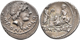 L. Pomponius Molo, 97 BC. Denarius (Silver, 19 mm, 3.85 g, 11 h), Rome. L•POMPON•MOLO Laureate head of Apollo to right. Rev. NU MA PO MP IL Numa Pompi...