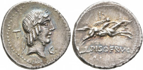 L. Calpurnius Piso Frugi, 90 BC. Denarius (Silver, 19 mm, 3.69 g, 5 h), Rome. Laureate head of Apollo to right; behind, T; before, C. Rev. L PISO FRVG...