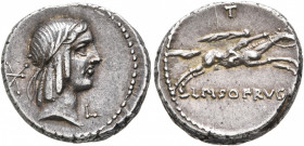 L. Calpurnius Piso Frugi, 90 BC. Denarius (Silver, 17 mm, 3.85 g, 12 h), Rome. Laureate head of Apollo to right; behind, ✱; before, L. Rev. T/ L PISO ...