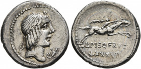 L. Calpurnius Piso Frugi, 90 BC. Denarius (Silver, 19 mm, 3.62 g, 3 h), Rome. Laureate head of Apollo to right; to right, lizard. Rev. L PISO FRVGI / ...