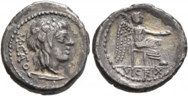 M. Cato, 89 BC. Quinarius (Silver, 15 mm, 2.08 g, 9 h), Rome. M•CATO Head of Liber with long hair to right, wearing wreath of ivy and fruit; below, kn...