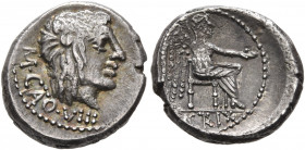 M. Cato, 89 BC. Quinarius (Silver, 14 mm, 2.17 g, 1 h), Rome. M•CATO•VIII Head of Liber with long hair to right, wearing wreath of ivy and fruit. Rev....