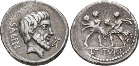 L. Titurius L.f. Sabinus, 89 BC. Denarius (Silver, 19 mm, 3.89 g, 6 h), Rome. SABIN Bare-headed and bearded head of King Titus Tatius to right; in fie...