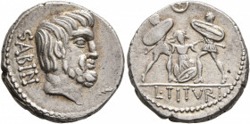 L. Titurius L.f. Sabinus, 89 BC. Denarius (Silver, 18 mm, 3.73 g, 9 h), Rome. SABIN Bare-headed and bearded head of King Titus Tatius to right; in low...