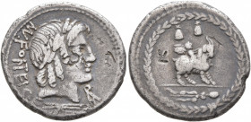 Mn. Fonteius C.f, 85 BC. Denarius (Silver, 20 mm, 3.74 g, 9 h), Rome. MN•FONTEI C•F Laureate head of Apollo to right; to right, monogram of ROMA; belo...