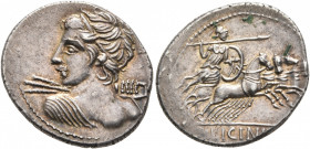 C. Licinius L.f. Macer, 84 BC. Denarius (Silver, 21 mm, 3.99 g, 6 h), Rome. Bust of Apollo to left, seen from behind, holding thunderbolt in his right...