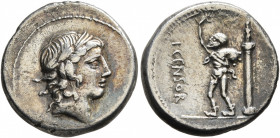 L. Censorinus, 82 BC. Denarius (Silver, 17 mm, 3.63 g, 8 h), Rome. Laureate head of Apollo to right. Rev. L•CENSOR Marsyas, bald-headed, standing to l...