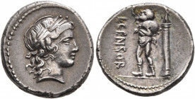 L. Censorinus, 82 BC. Denarius (Silver, 17 mm, 4.11 g, 11 h), Rome. Laureate head of Apollo to right. Rev. L•CENSOR Marsyas, bald-headed, standing to ...
