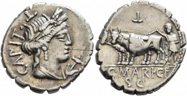 C. Marius C.f. Capito, 81 BC. Denarius (Silver, 19 mm, 3.84 g, 10 h), Rome. CAPIT•L Draped bust of Ceres to right; below chin, anchor. Rev. C•MARI•C•F...