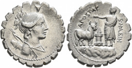A. Postumius A.f. Sp.n. Albinus, 81 BC. Denarius (Silver, 20 mm, 3.95 g, 11 h), Rome. Draped bust of Diana to right, wearing diadem and bow with quive...