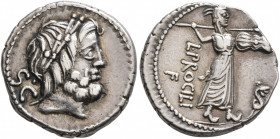 L. Procilius, 80 BC. Denarius (Silver, 18 mm, 3.73 g, 3 h), Rome. Laureate head of Jupiter to right; to left, S•C. Rev. L•PROCILI / F Juno Sospita, we...