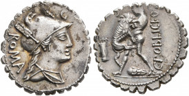 C. Poblicius Q.f, 80 BC. Denarius (Silver, 19 mm, 4.06 g, 10 h), Rome. ROMA - G Helmeted and draped bust of Roma to right. Rev. C•POBLICI•Q•F - G Herc...