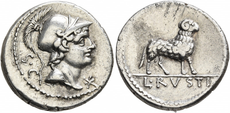 L. Rustius, 74 BC. Denarius (Silver, 19 mm, 3.85 g, 6 h), Rome. S•C Helmeted hea...