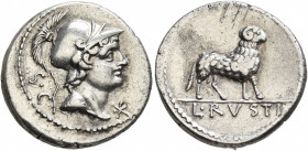 L. Rustius, 74 BC. Denarius (Silver, 19 mm, 3.85 g, 6 h), Rome. S•C Helmeted head of Minerva to right; before, star (mark of value). Rev. L•RVSTI Ram ...