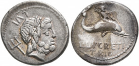 L. Lucretius Trio, 74 BC. Denarius (Silver, 18 mm, 3.74 g, 1 h), Rome. Laureate head of Neptune to right; behind head, trident and LVI. Rev. L•LVCRETI...