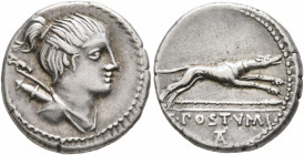 C. Postumius, 73 BC. Denarius (Silver, 18 mm, 4.00 g, 6 h), Rome. Draped bust of Diana to right, with bow and quiver over her shoulder. Rev. C•POSTVMI...