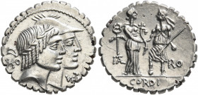 Q. Fufius Calenus and Mucius Cordus, 68 BC. Denarius (Subaeratus, 19 mm, 3.25 g, 7 h), a contemporary plated imitation, irregular mint. HO - VIRT / [K...