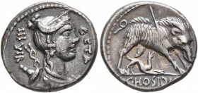 C. Hosidius C.f. Geta, 64 BC. Denarius (Silver, 16 mm, 3.85 g, 6 h), Rome. GETA / III•VIR Diademed and draped bust of Diana to right, with bow and qui...