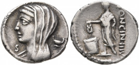 L. Cassius Longinus, 60 BC. Denarius (Silver, 18 mm, 3.93 g, 6 h), Rome. Veiled and diademed head of Vesta to left; below chin, S, in field to right, ...