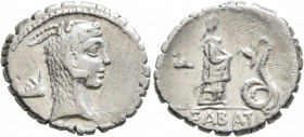 L. Roscius Fabatus, 59 BC. Denarius (Silver, 19 mm, 3.89 g, 6 h), Rome. L•ROSCI Head of Juno Sospita to right, wearing goat-skin headdress; to left, b...