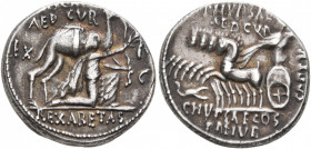 M. Aemilius Scaurus and Pub. Plautius Hypsaeus, 58 BC. Denarius (Silver, 18 mm, 3.86 g, 5 h), Rome. [M SCAVR] / AED CVR / EX - S C / REX ARETAS Nabate...