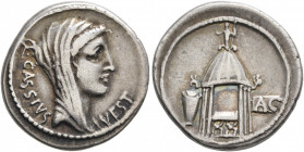 Q. Cassius Longinus, 55 BC. Denarius (Silver, 19 mm, 3.64 g, 7 h), Rome. Q•CASSIVS - VEST Veiled and diademed head of Vesta to right. Rev. Curule chai...