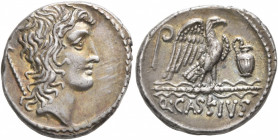 Q. Cassius Longinus, 55 BC. Denarius (Silver, 17 mm, 3.66 g, 9 h), Rome. Head of Genius Populi Romani to right; behind, scepter. Rev. Q•CASSIVS Eagle ...