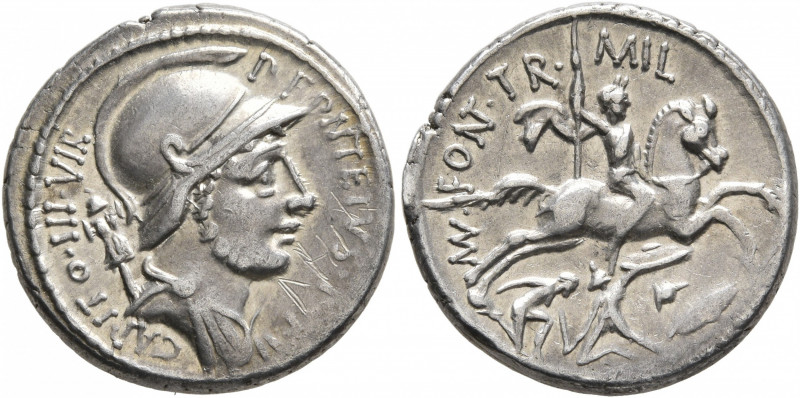 P. Fonteius P.f. Capito, 55 BC. Denarius (Silver, 18 mm, 3.60 g, 3 h), Rome. P•F...