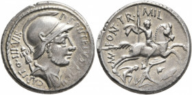 P. Fonteius P.f. Capito, 55 BC. Denarius (Silver, 18 mm, 3.60 g, 3 h), Rome. P•FONTEIVS•CAPITO•III•VIR Helmeted and draped bust of Mars to right, trop...